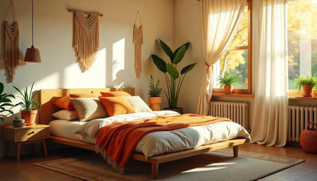 Cozy Bedroom Interior with Natural Light and Earthy Tonesの写真素材