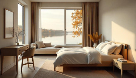 Calm Bedroom Interior with Lake View in Autumnの写真素材