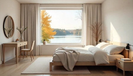 Bright bedroom interior with lake view and natural light