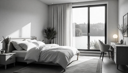 Modern bedroom interior with lake view and natural lightの写真素材