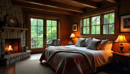 Warm cabin bedroom featuring fireplace and forest viewの写真素材