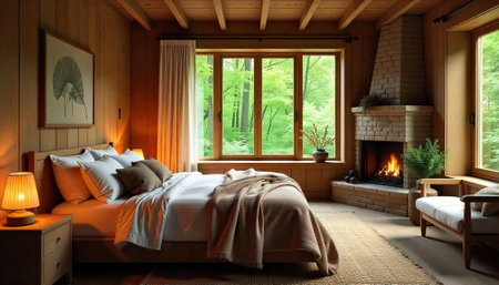 Cozy cabin bedroom with fireplace and forest viewの写真素材