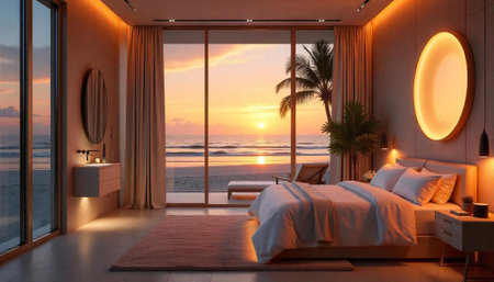 Luxurious bedroom interior with ocean view at sunset timeの写真素材