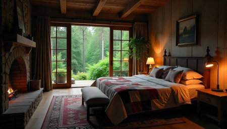 Rustic bedroom with fireplace and forest view outside window