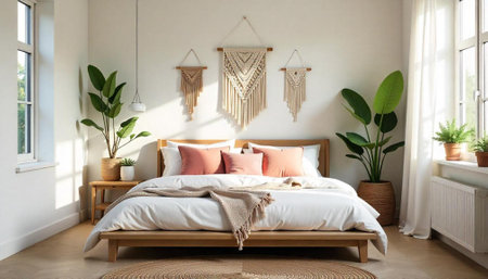 Calm and inviting bedroom interior with natural lightの写真素材