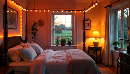 Cozy bedroom with four-poster bed and warm lightingの写真素材