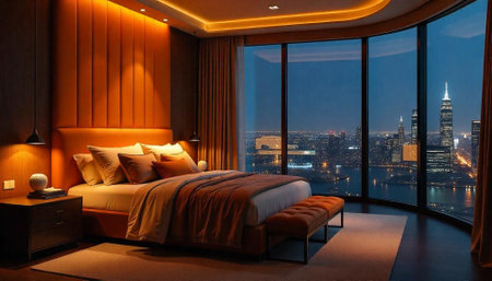 Luxurious bedroom with city view at night imageの写真素材
