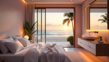 Modern bedroom with ocean view and sunset glowの写真素材