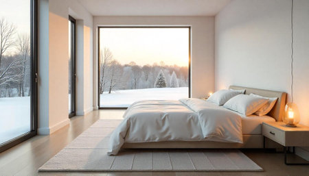 Serene bedroom interior with snowy landscape view through windowの写真素材