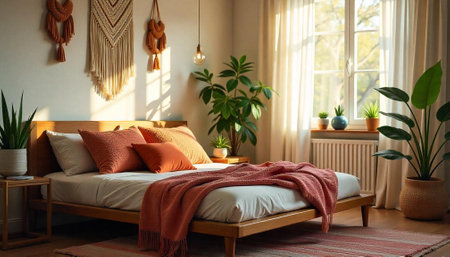 Cozy modern bedroom with warm earth tones and plants