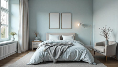 Elegant bedroom interior with calming light blue wall backdropの写真素材