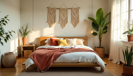 Cozy Bedroom Interior with Macrame Wall Hangings and Natural Light