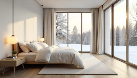 Minimalist bedroom with winter view offers comfort and simplicity