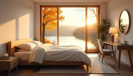 Warm interior with nature view and tranquil autumn lightの写真素材
