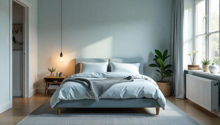 Serene bedroom interior with neutral tones and cozy atmosphereの写真素材