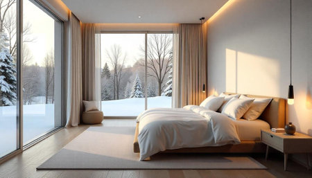 Modern bedroom with winter view, cozy and serene designの写真素材