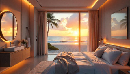 Modern bedroom with ocean view at sunrise or sunsetの写真素材