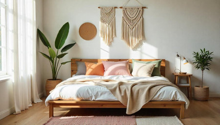 Cozy bright bedroom with natural elements and bohemian decorの写真素材
