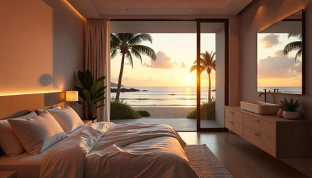 Luxury beachfront bedroom with ocean view at sunriseの写真素材