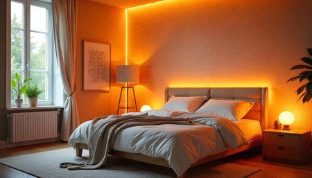 Cozy bedroom interior with warm lighting and neutral tonesの写真素材