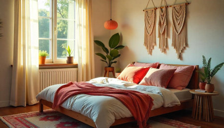 Cozy bedroom interior with natural light and warm tonesの写真素材