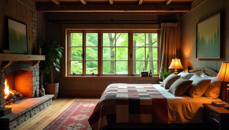 Cozy cabin bedroom with fireplace and forest view window