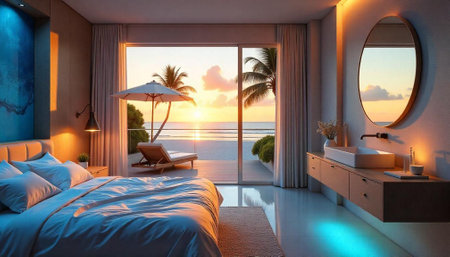 Luxury beachfront bedroom overlooking tropical sunrise and ocean viewの写真素材