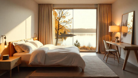 Lake view bedroom interior with minimalist design aestheticsの写真素材