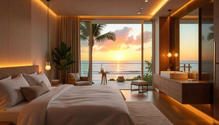 Luxury bedroom with ocean view during beautiful tropical sunsetの写真素材