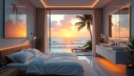 Luxury bedroom overlooking ocean sunset with warm ambient lightingの写真素材