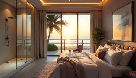 Luxury beachfront bedroom with ocean view at sunsetの写真素材