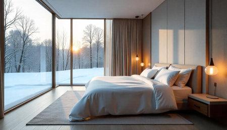 Cozy winter bedroom retreat with snowy outdoor viewの写真素材