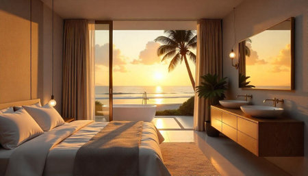 Luxury bedroom suite with ocean view at golden sunsetの写真素材