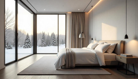 Modern bedroom interior with snowy winter landscape view