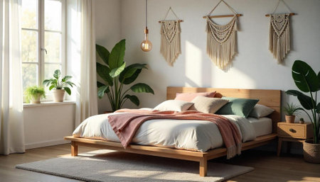 Cozy bedroom interior with macrame wall art and plantsの写真素材