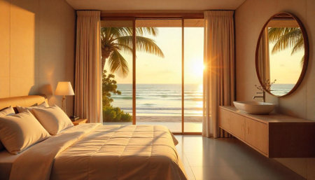 Luxury beach view bedroom with modern design and sunsetの写真素材