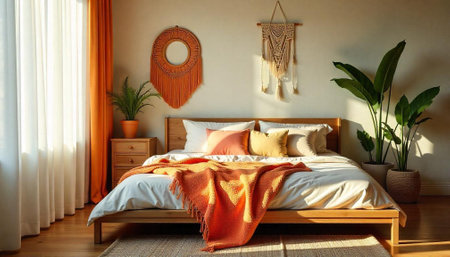 Cozy bohemian bedroom interior with natural light and decorの写真素材