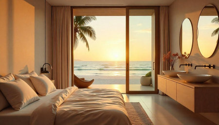 Luxury bedroom suite overlooking the ocean at sunsetの写真素材