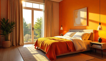 Bright orange bedroom with balcony and warm sunlight glowの写真素材