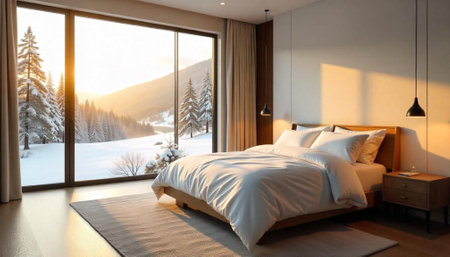 Bedroom interior with winter mountain view at sunsetの写真素材