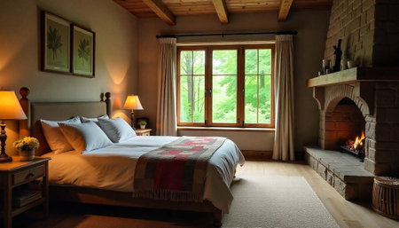 Inviting bedroom with fireplace and view of lush forest