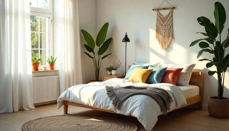 Bright modern bedroom interior with plants and cozy decorの写真素材