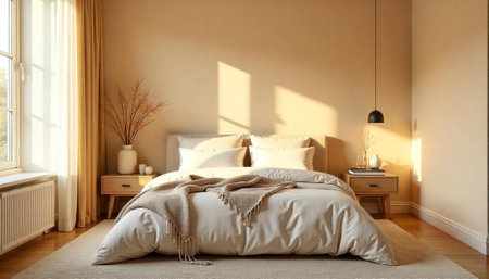 Bright minimalist bedroom with neutral color palette and warm sunlightの写真素材