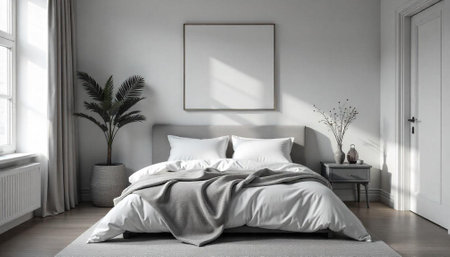 Minimalist bedroom interior with cozy bed and blank canvas