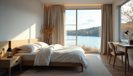 Modern bedroom with lake view and elegant home office