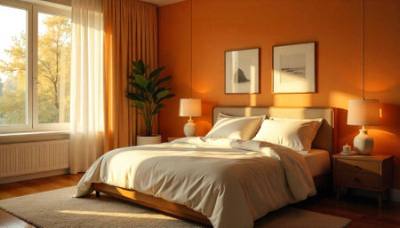 Inviting bedroom interior with natural light and warm tonesの写真素材