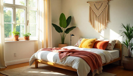 Bright bedroom interior with natural light and bohemian decorの写真素材