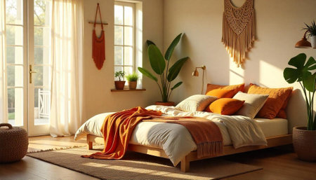 Bohemian bedroom interior with warm light and natural texturesの写真素材