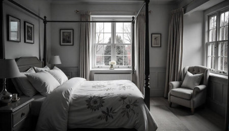 Elegantly styled four-poster bed and wingback armchair in room