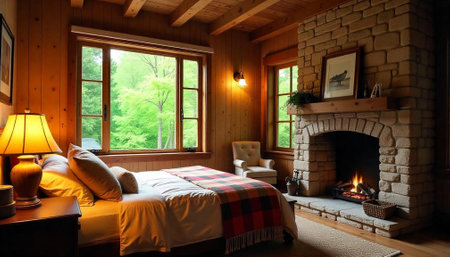 Rustic cabin bedroom featuring stone fireplace and cozy aestheticの写真素材